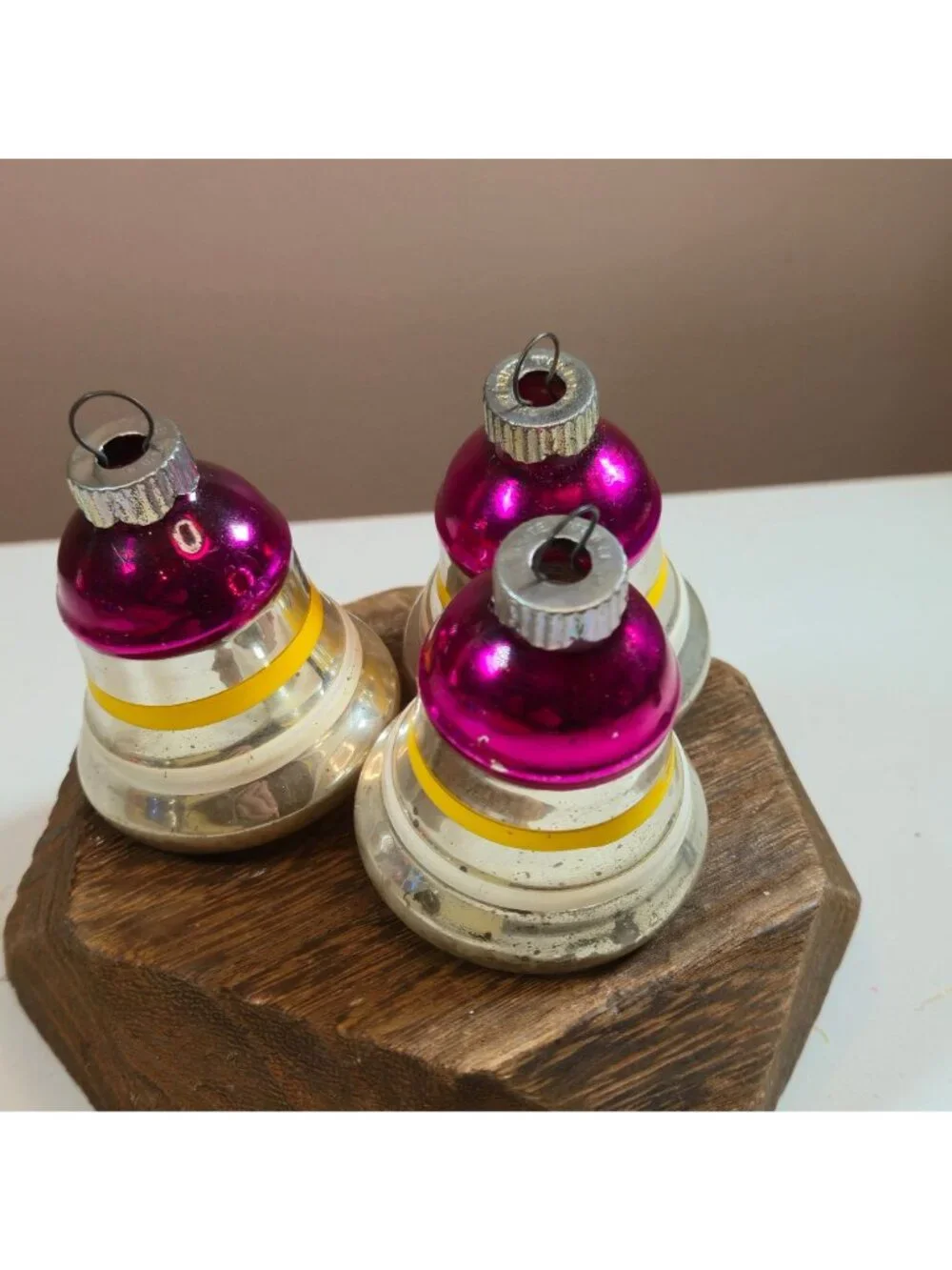 Vintage Shiny Brites Bell Ornaments lot of 3 Mercury Glass pink yellow silver